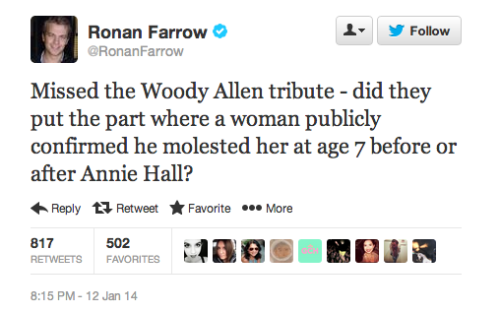 Woody Allen and Golden Globes Attacked by Mia and Ronan Farrow For Honoring Alleged Child Molestation and Daughter Marrier