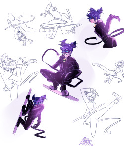 jen-iii:  I loved @japhers take on Kwami swap Marinette  with her hair being her ‘ears, and I have been meaning to draw Kwami swap for some time so heres some action poses of Chat Noir Marinette :3 I always thought that Kwami Swap Marinette would