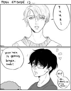 mochibom:  I LIKE YUURI WITH LONGER HAIR AND I KNOW VICTOR LOVES IT TOO. ///u/// my hc post-episode 12 because you know from the ed song and all, victor was the one who styled yuuri’s hair…read from left –&gt; to right o//