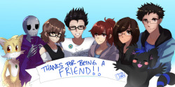 mrgeekonthiswebsite:  Here it is, folks. A picture of all my best internet friends (At the moment. I’m always making more friends!). From left to right we have @ultyfox-777 @ghost-wants-murder @ch3ra (Who drew this awesome spectacle) Me, @kibou-dere