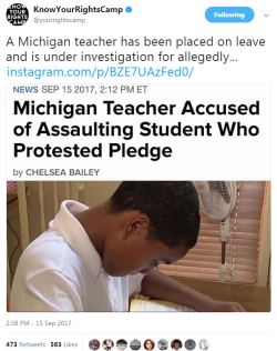 blackness-by-your-side:  Sixth-grader Stone Chaney refused  to stand for the Pledge of Allegiance in the country where the freedom of expression is protected by Constitution. The teacher tried to force Chaney to stand. “The teacher consultant comes