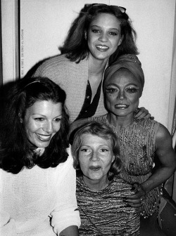 superseventies:  Rita Hayworth and Eartha Kitt backstage with their daughters, Yasmin Kahn &amp; Kitt McDonald following Eartha’s performance in the musical ‘Timbuktu’ at the Mark Hellenger Theater, June 1978,  