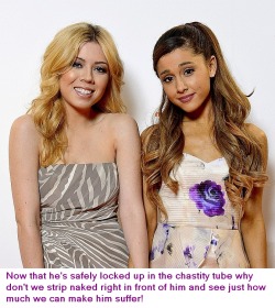 Ariana Grande and Jennette McCurdy teasing a locked up chastity slave.