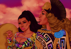 popcrimes:   &ldquo;The queen of rap, slayin’ with Queen Bey&rdquo;  Nicki and Beyonce off to conquer Rome or something.  Print available