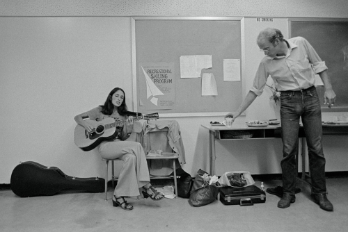 bobdylan-n-jonimitchell:Joan Baez &amp; David Harris back-stage at the Constellation Vote Rally, September 19, 1971.
