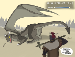 razor-bill:A little skyrim funny sketch, yeah I know there are only wyvern’s in the elder scrolls realm but I like ‘dragons’ better.. how op is sneaking in that game lol