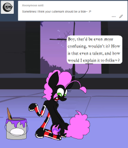 darkfiretaimatsu: It’s hard enough justifying my actual cutie mark, a cutie punctuation mark is just too far~ Besides, if something as basic as speech patterns counted as a talent, Twist would’ve gotten a lisping cutie mark a long time ago~  X3 