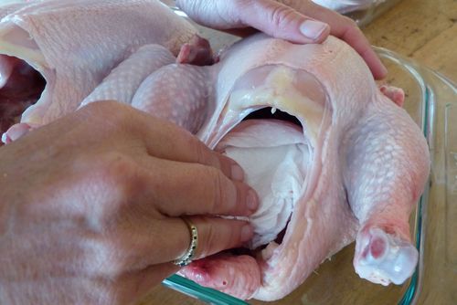 preparation of raw chicken includes drying out inside of bird with paper towel