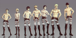 moni158:  I wanted to draw their different body types…then I realized they would all be the same, with the exception of tiny Armin and hulk Reiner…OTL  and after I drew this I realized it looks like Bertholdt is touching his leg all seductively and