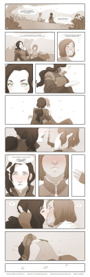 denimcatfish:  Quick Korrasami comic I made today during my breaks from work. Text is a little small when viewed in the dash xD. It’s a bit clearer here. 
