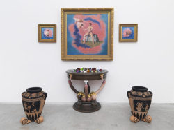 ratatoskryggdrasil:  Mcdermott &amp; McGough,  “Hic Habitat Felicitas” / Temple of Onan, 1984 / 2016, Oil on canvas in wooden gold painted frame, hand-carved wooden table painted with oil and gouache, two ceramic urns painted with acrylic gouache