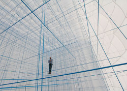 mexicanist:  Named String Prototype, Numen/For Use&rsquo;s installation consisted of an inflatable white cube filled with thin ropes that were tied up on opposite sides of the space. 