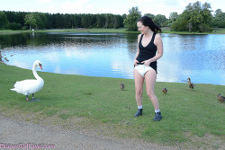 diapergirlfaye:  Diaper Girl Faye meets Mr Swan in the park on http://diapergirlfaye.com