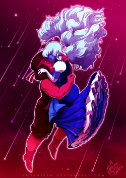 empyrisan:   Garnet Skies   Steven Universe | Ruby &amp; Sapphire | Illustration2016 / 5 / 28The Answer is Love.- - - - -A gift for my Lady @jcstitches! She and I both LOVE Ruby and Sapphire (Rupphire), whom we share a LOT of similiarities with! We’re