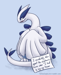 fallenzephyrart:   &ldquo;Lugia’s wings pack devastating power - a light fluttering of its wings can blow apart regular houses.&rdquo; (R/S/E pokedex)  Lugia was only trying to show its love for its trainer :c