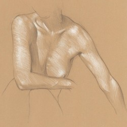 Maya Seated with One Arm Out 3B pencil and white Prismacolor pencil on Rives BFK Tan Heavyweight Printmaking Paper 15&quot;x11&quot;  #art #drawing #artmodel #artistmodel #lifedrawing #figuredrawing #figurativedrawing #pencildrawing #contemporaryart #post
