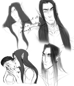 Sketches including a WIP from one of the first OC kiss week designs (full piece here) and a sketch of Vikrolomen in the stages of his hair changing color post-necromancyVikrolomen belongs to me / Vincialem belongs to @mazokhist