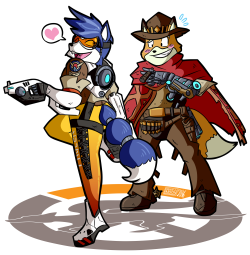 This was commissioned by someone on deviantART known as iWarz07,  and he wanted me to make a picture depicting Krystal and Fox McCloud cosplaying as Tracer and McCree respectively.