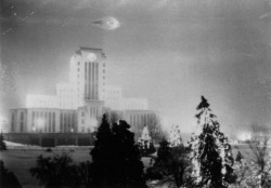 pasttensevancouver:  Christmas lights at City Hall, 1937 And a UFO: Twenty one-year old Leonard Lamoureux and his brother Wilfred went to City Hall one night in 1937 to photograph the Christmas lights when they spotted a UFO. According to Leonard’s