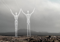sixpenceee:  The Land of the Giants, Electrical pylons transformed into statues walking along the Icelandic landscape. 