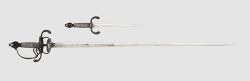 art-of-swords:  Youth’s Rapier and Dagger Set Dated: circa 1600 Culture: Saxon Measurements: [ sword ] overall length 74 cm; [ dagger ] overall length 26 cm The rapier features a double-edged thrusting blade of flattened hexagonal section and fullers