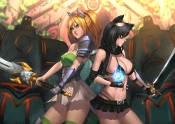 sapphicneko:  Sapphic and Bandit fighting back to back surrounded by some stone golems.  Drawn by the amazing Doghateburger (http://doghateburger.deviantart.com/). Bandit belongs to Cathare. 