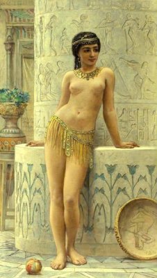  The eastern favorite (1880) by English artist Edwin Longsden Long (1829-1891). Long specialized in biblical, historical and oriental motifs. Here he shows a favorite at the court of the Pharaohs. The exotic but only through her skirt and the Egyptian