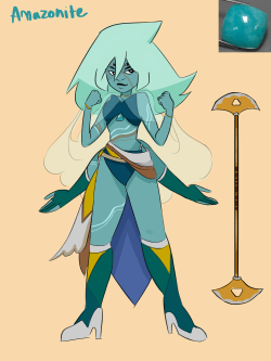 i did a fusion with qozxe‘s gemsona, dioptase! and my gemsona chalcedony!! together they form amazonite. theyre pretty smoking babes if you ask me. qozxe drew her own version i cant wait to see it!!!!