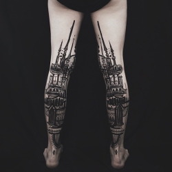 thisgreatblueworld:  jedavu:  Stunning Diptych Tattoos Form Landscapes Across the Backs of LegsTattoo artist Houston Patton crafts intricate landscape scenes that span the back of his client’s legs. Working under the name Thieves of Tower, he collaborates