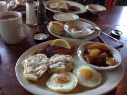 celticknot65:  Believing Herschel from “Walking Dead” to be the exemplar of a Southern gentleman, at Cracker Barrel I had to order “Uncle Herschel’s Favorite” in his honor. Poached eggs are one of several healthy choices here… Sir  Cracker