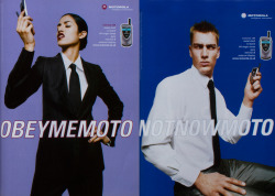 ejakulation:  OBEYMEMOTO/NOTNOWMOTO, Motorola ads featured in The Face, May 2002 