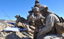 militaryarmament:  U.S. Marines with 1st Battalion, 4th Marines, Camp Pendleton, Calif., members of a fire support team, direct artillery, mortar fire and close air support while participating in a training event Feb. 1, 2015, during Integrated Training