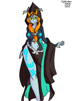 Midna from Zelda Twilight Princess. I’ve been wanting to draw her for a while now, but I wasn’t sure weather I wanted to draw her true form or her imp form. I may draw her imp form later. I also gave her some glowy nipples and markings.