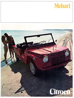 carsthatnevermadeitetc:  CitroÃ«n Mehari, 1968, US version. CitroÃ«n marketed a modified Mehari in the US for 2 years, 1968-1970. However the Mehariâ€™s plastic body was not up to the rigours of the US climate and the cars tended to warp and discolour.Â A