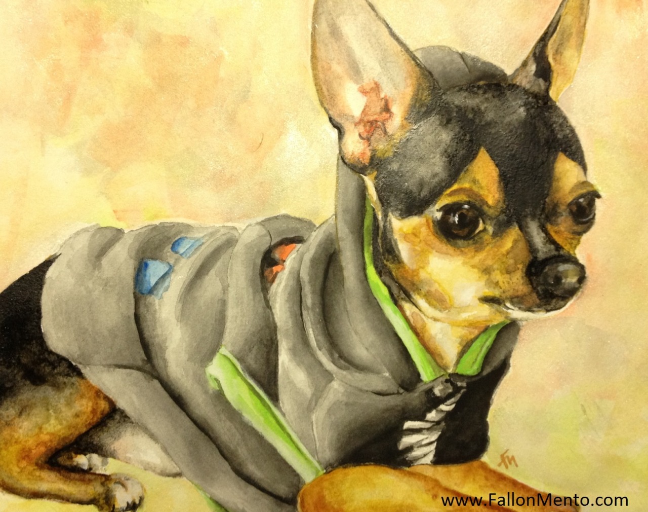 11in by 14in water color of a black and tan chihuahua that I was asked to paint. I enjoyed working on this one. I worked an iridescent medium on the background, so it&#8217;ll lightly shimmer when light hits it. You can see it near the ear in the foreground. Yes, that is a hoodie. My online sketchbook: http://fallonmento.tumblr.com/