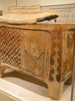 ancientart:  Late Minoan Larnax (chest-shaped coffin), mid-13th century B.C., Greece, Crete, made of terracotta.  This type of terracotta Minoan larnax (chest) with gabled lid was the standard burial vessel used in Crete from the early fourteenth to twelf