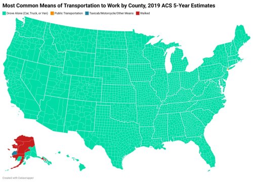 mapsontheweb:Here’s a map of the most common means of transportation to work by county. 76% of the country drove alone to work. Public transportation is at 5%, and #1 in NYC, DC, and San Francisco. Interestingly, walking and taxicab/motorcycle are common