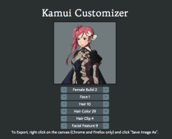 himynameismaurice:  Kamui Customizer. A very nice guy on SerenesForest, named Thor Odison made a ‘Kamui Customizer’ web application for Chrome and FireFox (works in other browsers well, but may not be as responsible). This way, you can customise