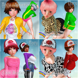 Haru models a sporty selection of tops and bottoms etc. and Haru in tomboyish jumpers, jeans, caps, etc. Dress up your Haru character by Chocolate today! Ready for Poser 11 ! Haru Clothing Set 1  http://renderoti.ca/Haru-Clothing-Set-1