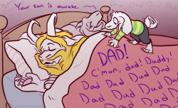 chrisnpics:aliceapprovesart:The Monster King Saw this really cute video of Asriel as Simba and it made me think of Asriel trying to wake up Asgore in the morning like Simba. A good opportunity to draw the goat family. BONUS: Movie night with the family.