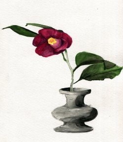 havekat:  Undercover Watercolor and Chinese Ink On Paper 2016, 9″x 12″ Red Single Camellia 