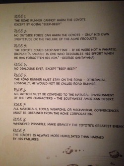 killerkhaleesi:dduane:The rules of the Road Runner’s characterization, by Chuck Jones.I think as an exercise, I’m gonna try writing episodes of Coyote &amp; Road Runner.