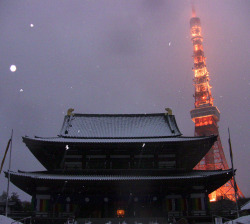 dreams-of-japan:  Zojo-ji Temple and Tokyo Tower on a snowy day by Ronin Dave on Flickr.