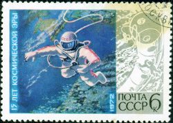 humanoidhistory:  Fifty years ago today, cosmonaut Alexei Leonov became the first person to walk in space, March 18, 1965. In 1972, the Soviet Union issued this stamp, using Leonov’s painting to illustrate the experience. (Wikimedia Commons)