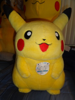 pacificpikachu:  This plush is the AG TOMY Super Oversized (Chou Tokudai) Pikachu! It’s an absolutely gorgeous, detailed plush, about 2 feet tall/60 cm. It’s extremely well-made and surprisingly heavy for its size. Still has the paper tag, though