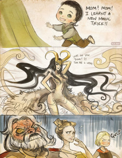 derlaine:  That moment when you realize your 4 year old found the Playnorns Thor is having the weirdest boner ever Another one of Loki’s inopportune attempts to impress Odin backfires I reward myself for doing Japan Expo by letting myself draw Loki