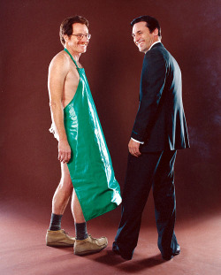 villa-kulla:  &ldquo;The first time I met Bryan Cranston, he was standing in his underwear. We were doing a photo shoot for a little-known network called AMC, and he was in a rubber chemistry apron, tighty whities and desert boots, while I was in an impec