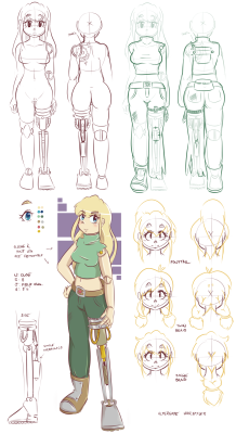 I said I was going to do a proper reference sheet for Cloe eventually, so I did. And by proper, I meant doing a complete overhaul. Scrapped the overalls/ribbon outfit and opted for a new field garb, replaced most of her limbs with robot parts, etc. Man,