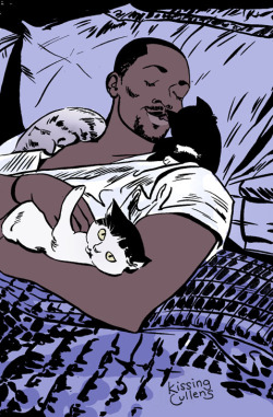 kissingcullens:[image:  Sam Wilson lies in bed, holding a white cat.  Two more cats lounge on his shoulders.  He nuzzles the small black cat on his left shoulder.]