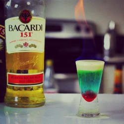 tipsybartender:  BLUE GHOST SHOT Butterscotch Schnapps Melon Liqueur Baileys Irish Cream Blue Curacao Grenadine Bacardi 151 A Lighter!  #bacardi #cocktail #baileysirishcream #drinkporn